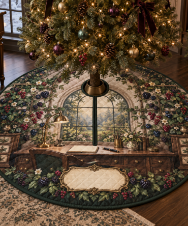 Wild Berry Garden Office Tree Skirt — Elegant Berry-Adorned Christmas Tree Mat For Home Office, Non-Slip & Reversible Holiday Accent