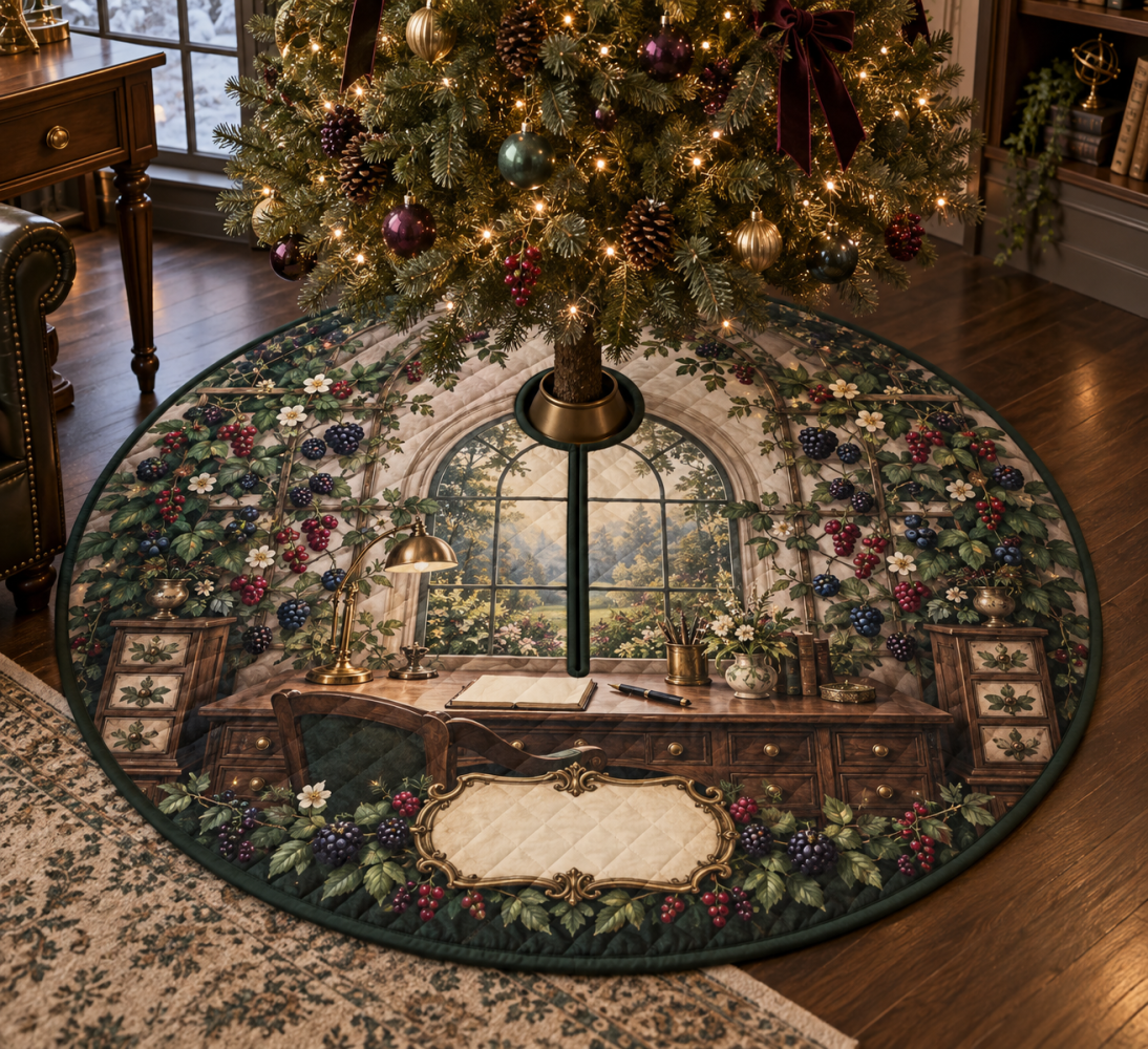Wild Berry Garden Office Tree Skirt — Elegant Berry-Adorned Christmas Tree Mat For Home Office, Non-Slip & Reversible Holiday Accent