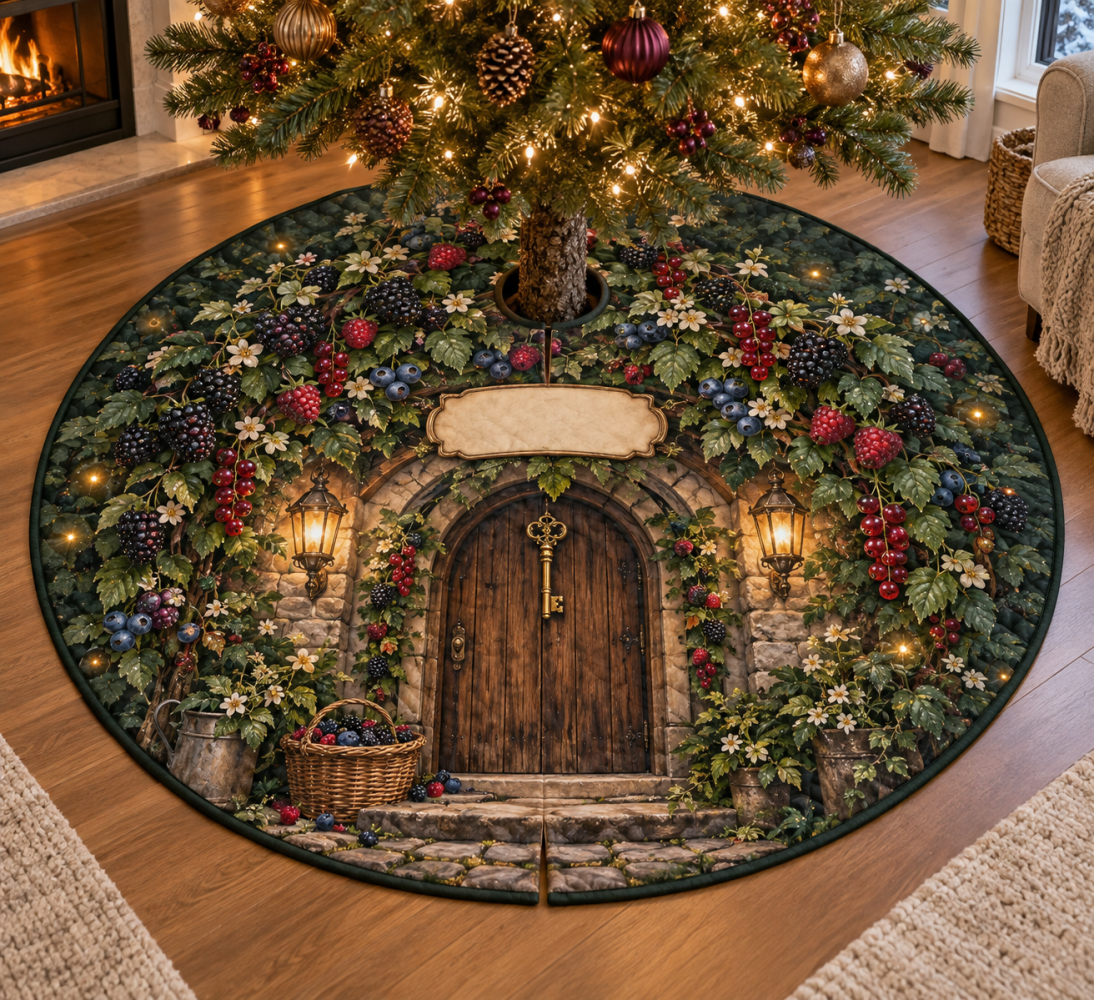 Wild Berry Cottage Housewarming Tree Skirt — Reversible Berry & Floral Holiday Tree Mat, Soft Backing For New Homes & Gifts
