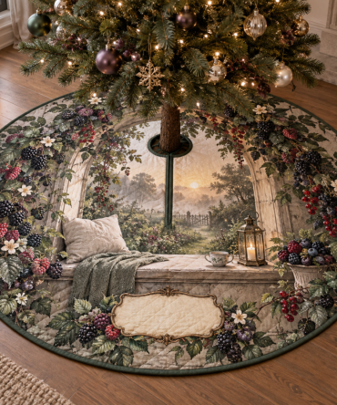 Wild Berry Quiet Corner Christmas Tree Skirt — Plush Reversible Holiday Tree Mat With Berry & Floral Print For Cozy Living Spaces