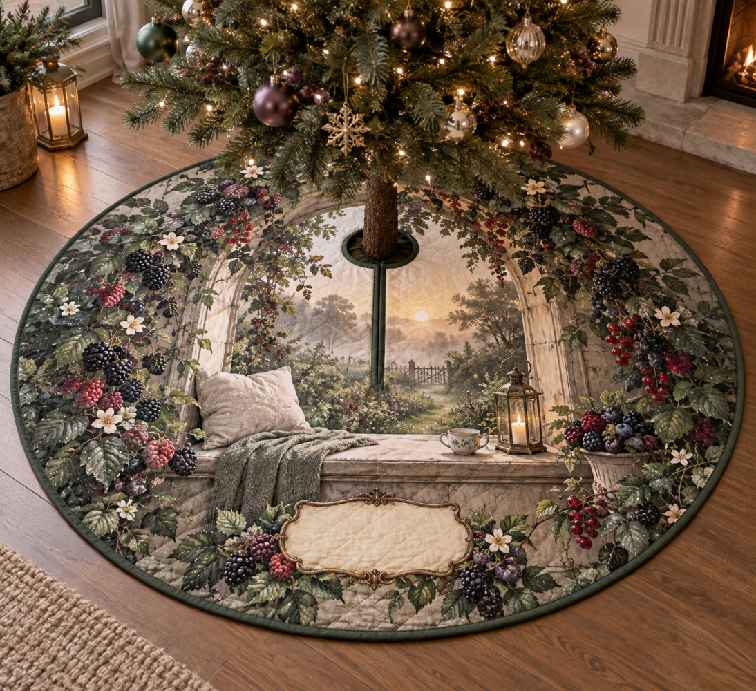 Wild Berry Quiet Corner Christmas Tree Skirt — Plush Reversible Holiday Tree Mat With Berry & Floral Print For Cozy Living Spaces