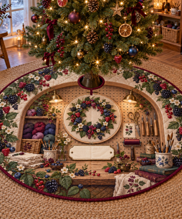 Wild Berry Hobby Studio Holiday Tree Skirt — Colorful Berry-Themed Christmas Skirt For Creative Spaces, Durable Protective Base Mat