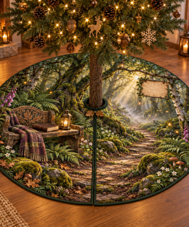 Forest Path Reading Nook Holiday Tree Skirt — Cozy Woodland Christmas Mat For Book Corners, Soft Protecting Base For Small Trees