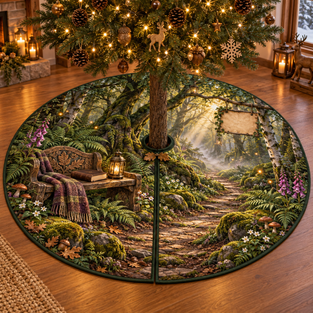 Forest Path Reading Nook Holiday Tree Skirt — Cozy Woodland Christmas Mat For Book Corners, Soft Protecting Base For Small Trees