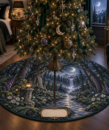 Moonlit Forest Path Holiday Tree Skirt — Nighttime Woodland Christmas Skirt With Subtle Moonlit Design, Elegant Seasonal Tree Mat