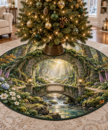 Forest Path Stone Bridge Holiday Tree Skirt — Scenic Woodland Christmas Base Mat Featuring Stone Bridge Motif, Durable Seasonal Floor Cover