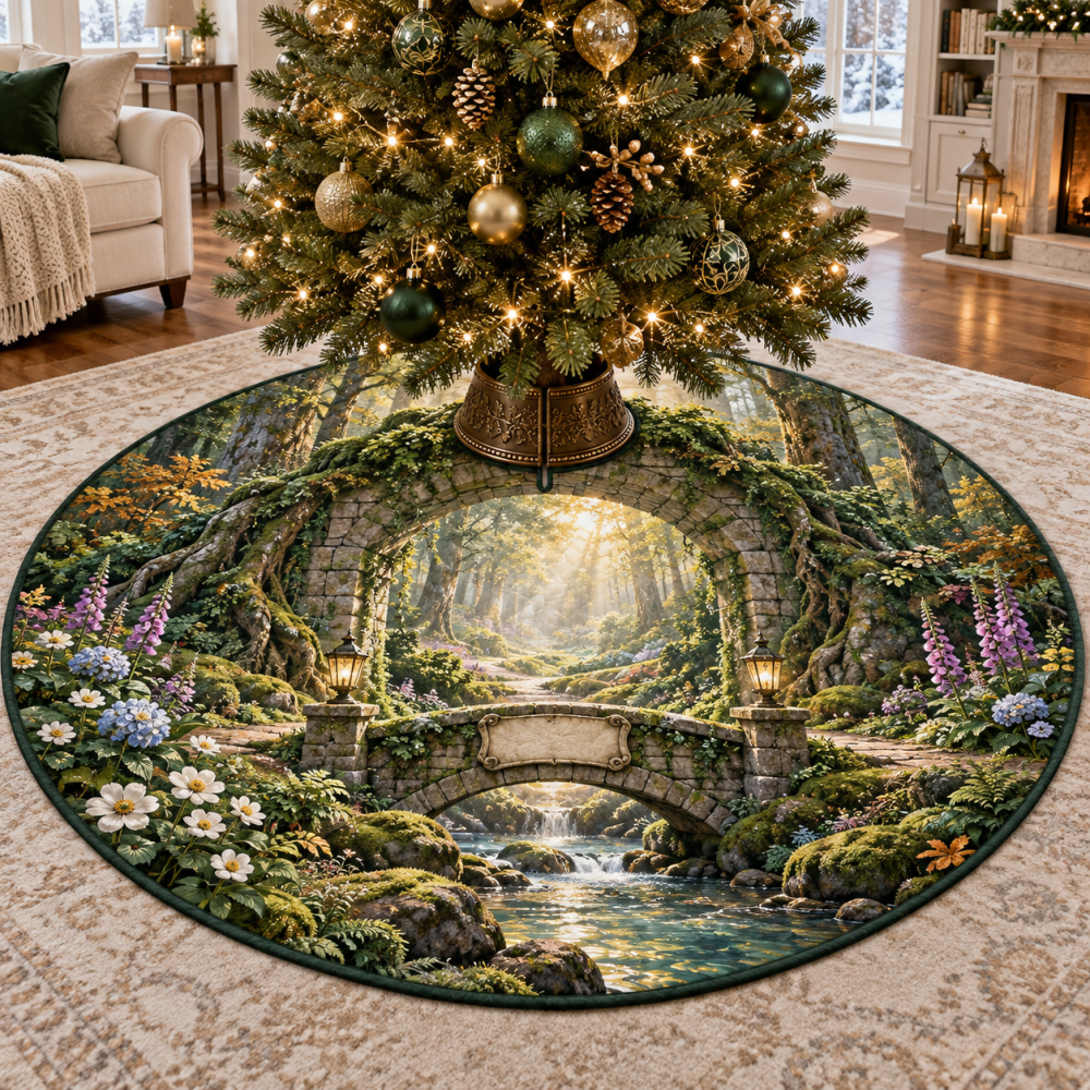 Forest Path Stone Bridge Holiday Tree Skirt — Scenic Woodland Christmas Base Mat Featuring Stone Bridge Motif, Durable Seasonal Floor Cover