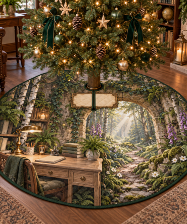 Forest Path Home Office Holiday Tree Skirt — Professional Christmas Skirt For Workspaces, Low-Profile Woodland Design, Floor-Protecting Mat