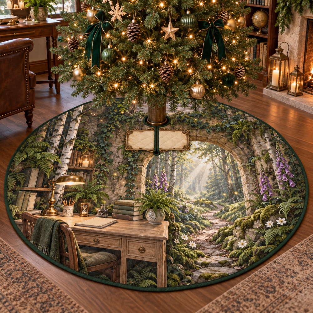Forest Path Home Office Holiday Tree Skirt — Professional Christmas Skirt For Workspaces, Low-Profile Woodland Design, Floor-Protecting Mat