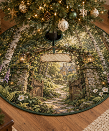 Forest Path Housewarming Holiday Tree Skirt — Welcome-Home Christmas Base Mat, Thoughtful Housewarming Gift With Stylish Woodland Motif