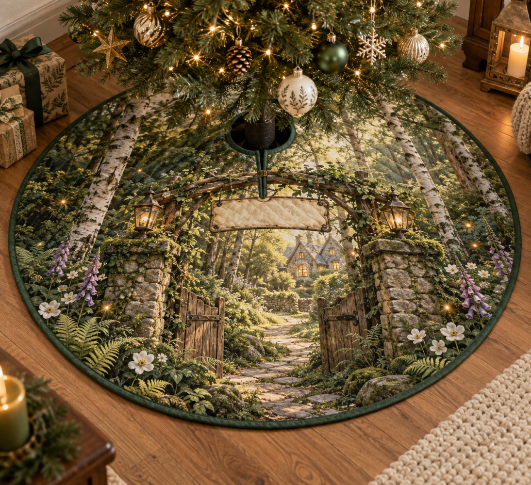 Forest Path Housewarming Holiday Tree Skirt — Welcome-Home Christmas Base Mat, Thoughtful Housewarming Gift With Stylish Woodland Motif