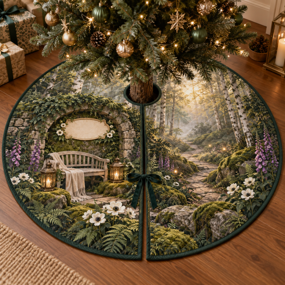 Forest Path Quiet Corner Holiday Tree Skirt — Serene Woodland Christmas Skirt For Tranquil Spaces, Soft-Felt Seasonal Floor Protector