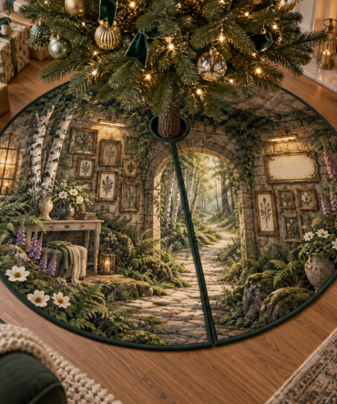 Forest Path Gallery Wall Christmas Tree Skirt — Curated Holiday Skirt To Complement Art-Filled Rooms, Stylish Woodland Holiday Base Mat