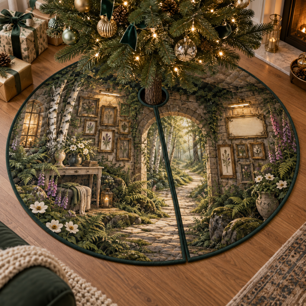 Forest Path Gallery Wall Christmas Tree Skirt — Curated Holiday Skirt To Complement Art-Filled Rooms, Stylish Woodland Holiday Base Mat