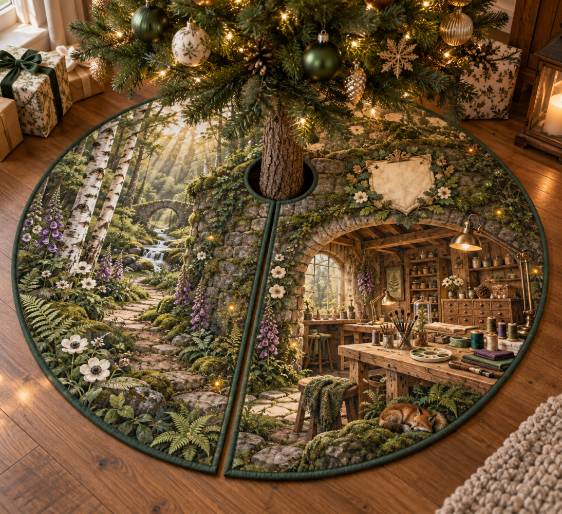Forest Path Hobby Studio Holiday Tree Skirt — Creative Workspace Christmas Skirt, Durable Seasonal Mat For Craft Rooms And Studios