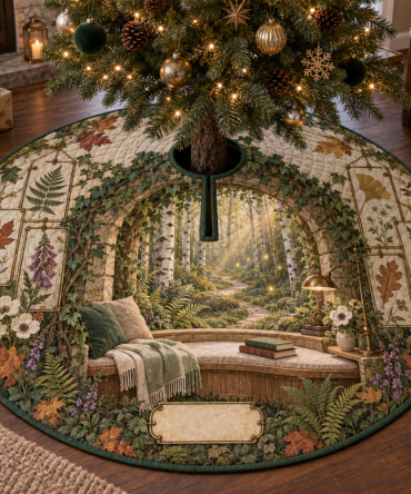 Pressed Woodland Leaves Holiday Tree Skirt — Botanical Christmas Tree Mat For Cozy Reading Nooks, Durable Soft-Felt Holiday Décor