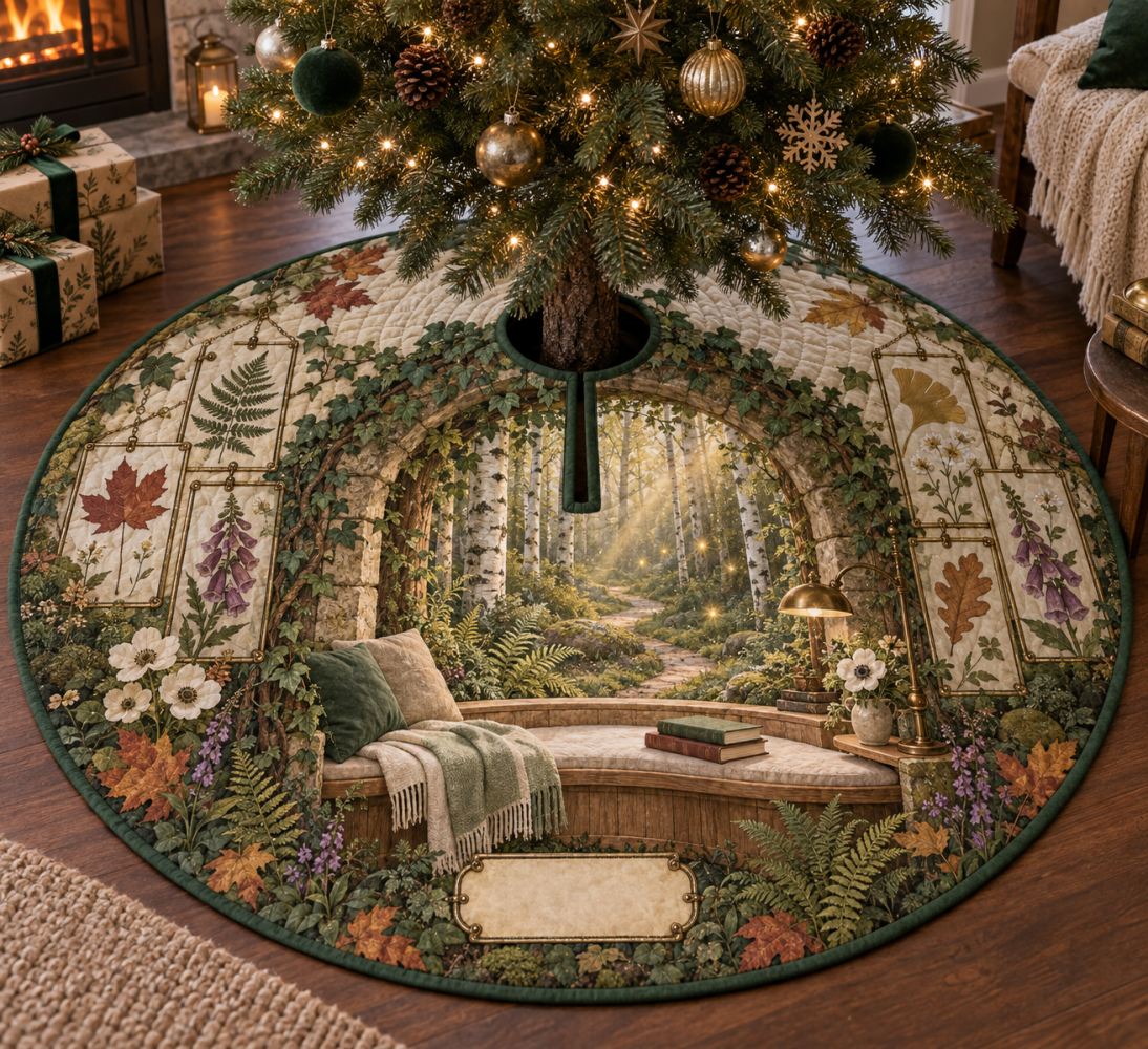Pressed Woodland Leaves Holiday Tree Skirt — Botanical Christmas Tree Mat For Cozy Reading Nooks, Durable Soft-Felt Holiday Décor