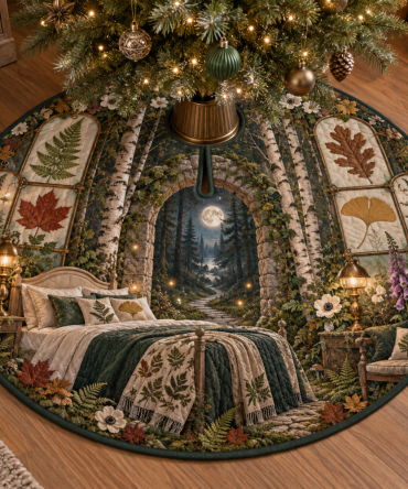 Pressed Woodland Leaves Bedroom Tree Skirt — Serene Botanical Christmas Skirt With Pressed Leaves, Handmade For Bedroom Holiday Décor