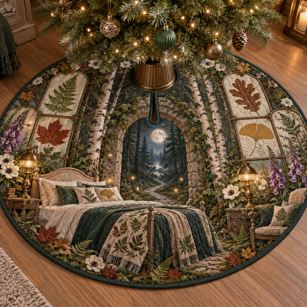 Pressed Woodland Leaves Bedroom Tree Skirt — Serene Botanical Christmas Skirt With Pressed Leaves, Handmade For Bedroom Holiday Décor