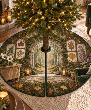 Pressed Woodland Leaves Living Room Tree Skirt — Centerpiece Botanical Christmas Skirt With Pressed Leaves, Handmade For Cozy Living Spaces