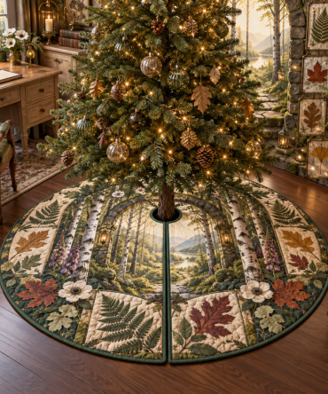 Pressed Woodland Leaves Office Tree Skirt — Elegant Botanical Christmas Tree Skirt For Office Décor, Pressed Leaves, Handmade Accent