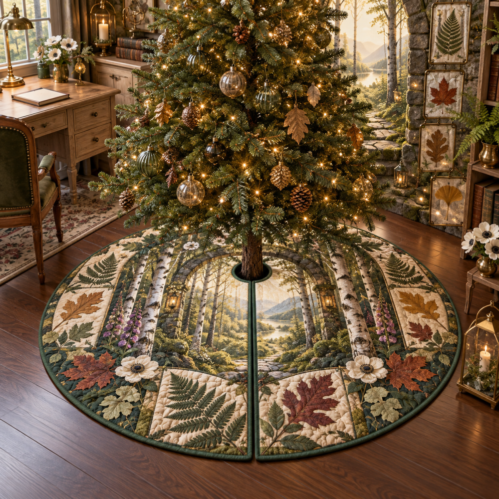 Pressed Woodland Leaves Office Tree Skirt — Elegant Botanical Christmas Tree Skirt For Office Décor, Pressed Leaves, Handmade Accent