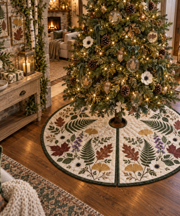 Pressed Woodland Leaves Tree Skirt — Housewarming Edition, Hand-Pressed Leaf Christmas Tree Skirt For New Home Holiday Styling, Handmade