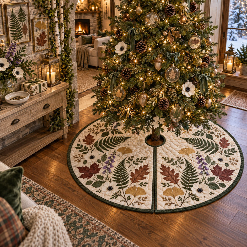 Pressed Woodland Leaves Tree Skirt — Housewarming Edition, Hand-Pressed Leaf Christmas Tree Skirt For New Home Holiday Styling, Handmade