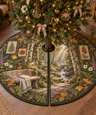Pressed Woodland Leaves Tree Skirt — Quiet Corner Edition; Botanical Christmas Tree Skirt With Real Pressed Leaves, Handmade For Cozy Décor