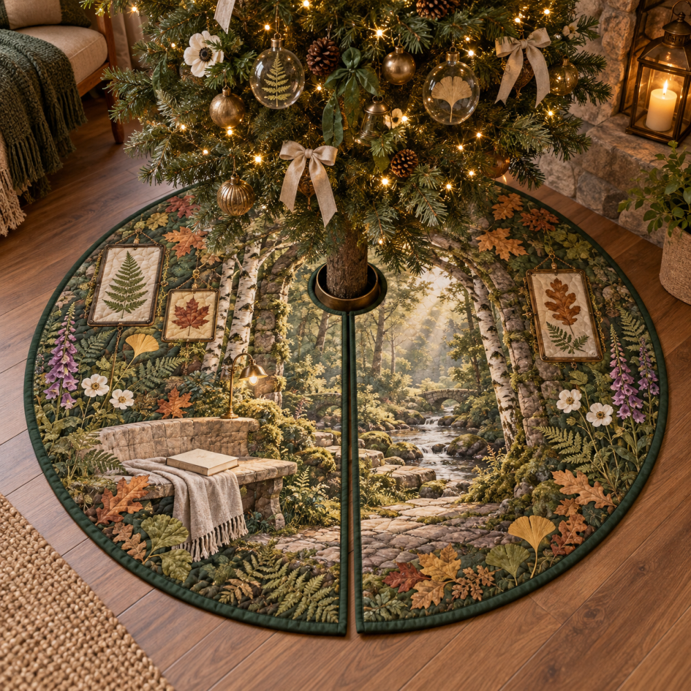 Pressed Woodland Leaves Tree Skirt — Quiet Corner Edition; Botanical Christmas Tree Skirt With Real Pressed Leaves, Handmade For Cozy Décor