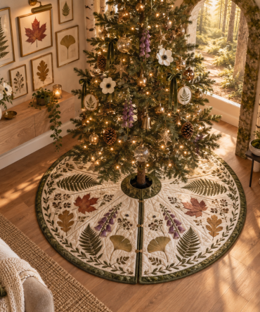 Urban Pressed Leaves Christmas Tree Skirt For Apartments - Space-Saving Botanical Decor, Gallery-Style Accent, Handmade Petite Size
