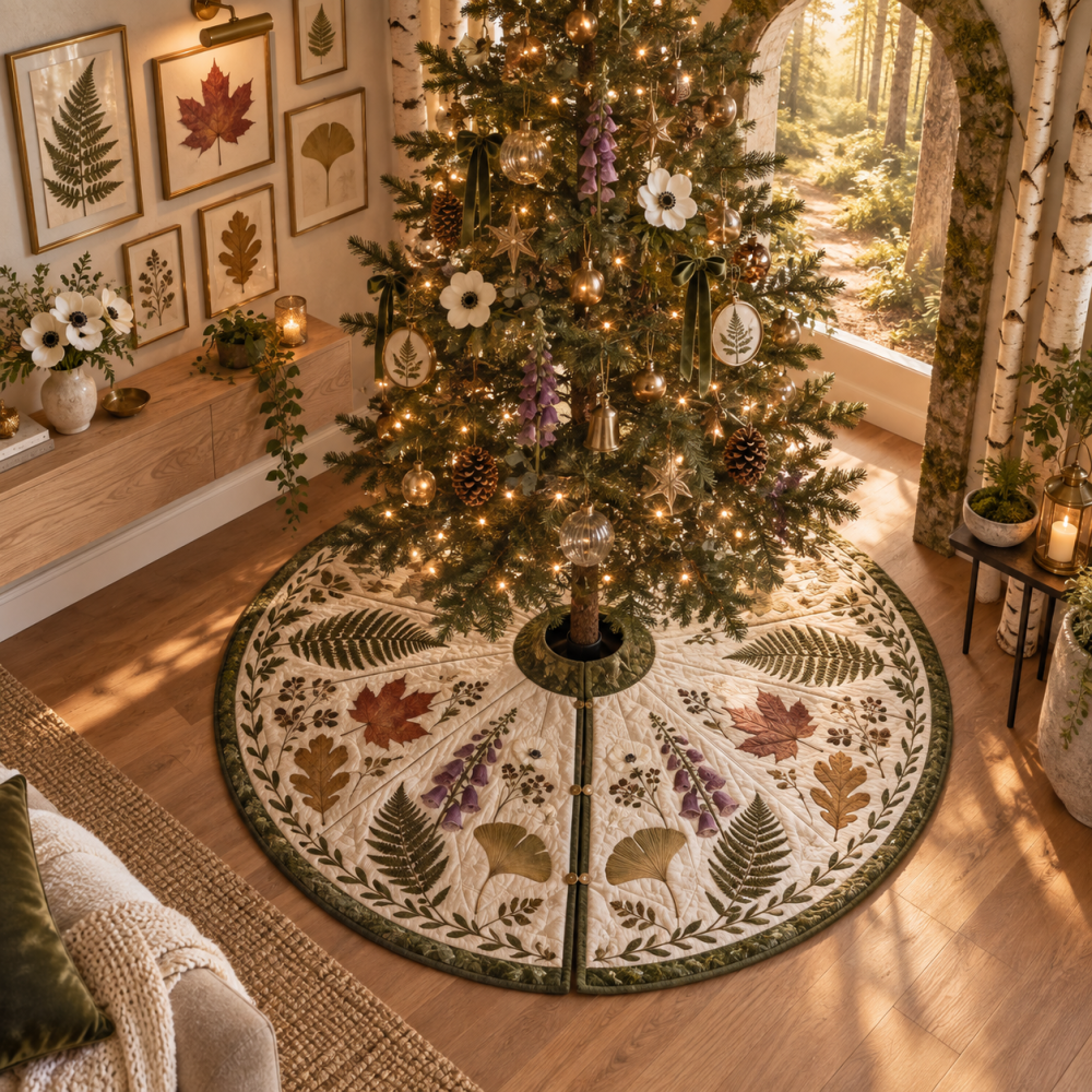Urban Pressed Leaves Christmas Tree Skirt For Apartments - Space-Saving Botanical Decor, Gallery-Style Accent, Handmade Petite Size