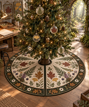 Handmade Pressed Leaves Studio Christmas Tree Skirt - Botanical Art For Hobbyists, Creative Home Decor, Lightweight & Machine Washable