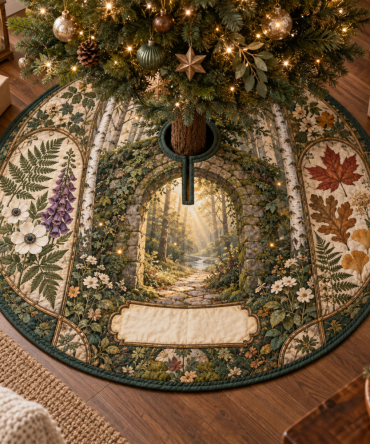 Pressed Leaves Host Gift Christmas Tree Skirt - Vintage Botanical Print, Ideal Hostess Present, Eco-Friendly Handmade Holiday Decor