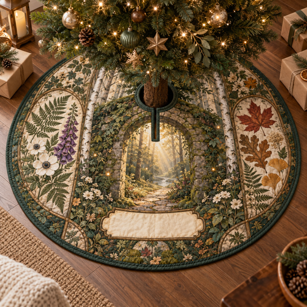 Pressed Leaves Host Gift Christmas Tree Skirt - Vintage Botanical Print, Ideal Hostess Present, Eco-Friendly Handmade Holiday Decor