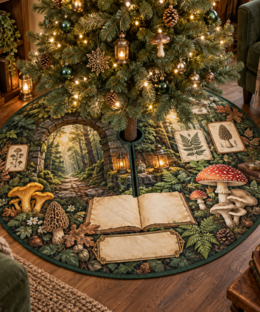 Botanical Mushroom Field Christmas Tree Skirt - Illustrated Fungus Print For Nature Lovers, Handmade Rustic Holiday Home Accent