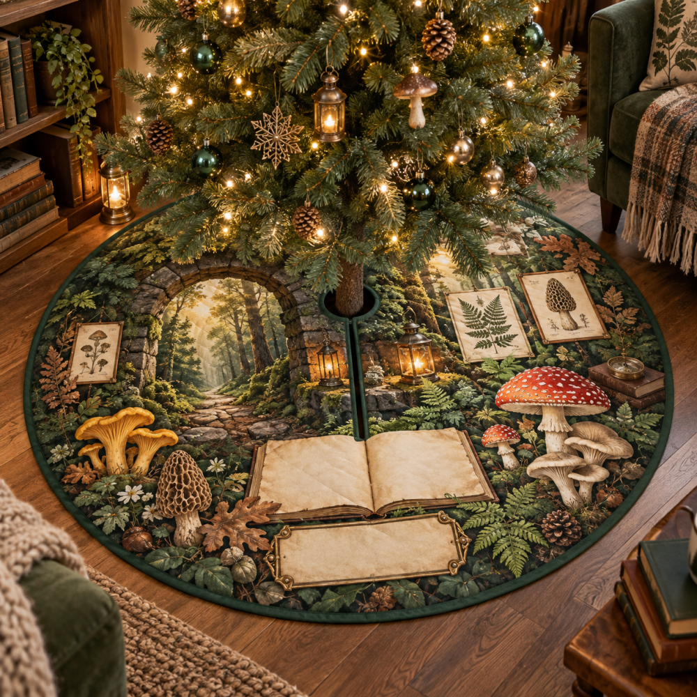 Botanical Mushroom Field Christmas Tree Skirt - Illustrated Fungus Print For Nature Lovers, Handmade Rustic Holiday Home Accent