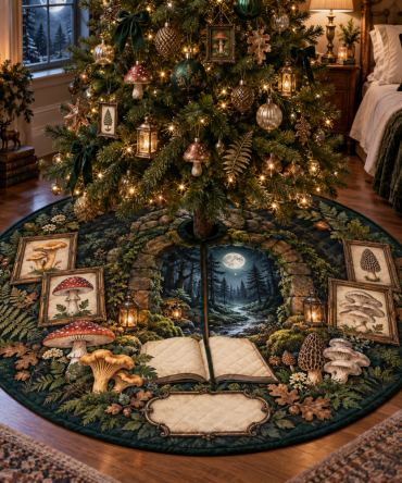 Moonlit Mushroom Christmas Tree Skirt - Celestial Woodland Design, Soft Nightscape Botanical Holiday Decor, Handmade Cozy Accent