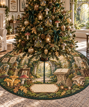 Gallery-Style Mushroom Naturalist Christmas Tree Skirt - Curated Botanical Print For Artful Homes, Handmade Holiday Centerpiece