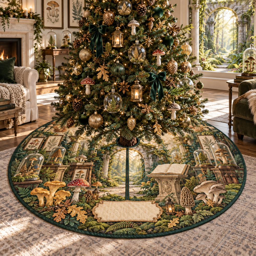 Gallery-Style Mushroom Naturalist Christmas Tree Skirt - Curated Botanical Print For Artful Homes, Handmade Holiday Centerpiece