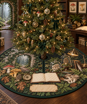 Elegant Mycology Study Christmas Tree Skirt - Scientific Mushroom Art For Library, Scholar Gift, Handmade Botanical Holiday Accent