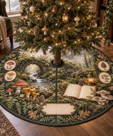 Handmade Mushroom Woodland Christmas Tree Skirt - Soft Botanical Holiday Decor For Rustic Home, Cozy Forest Accent, Ready To Ship