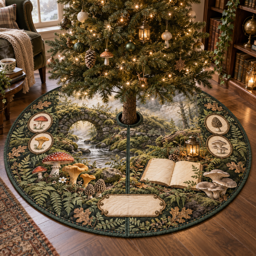 Handmade Mushroom Woodland Christmas Tree Skirt - Soft Botanical Holiday Decor For Rustic Home, Cozy Forest Accent, Ready To Ship