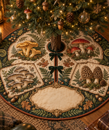 Collector Mushroom Journal Holiday Tree Skirt - Unique Botanical Gift & Quilted Decorative Base For Nature Enthusiasts
