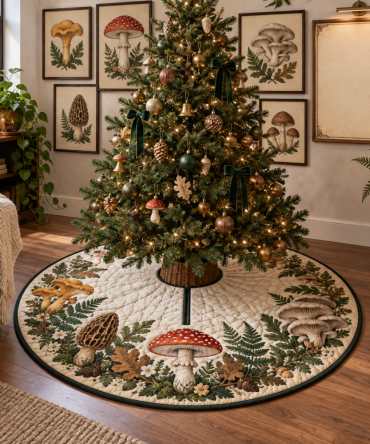 Field Journal Mushroom Gallery Tree Skirt - Artistic Mycology Holiday Accent, Quilted Fabric For A Curated Seasonal Display