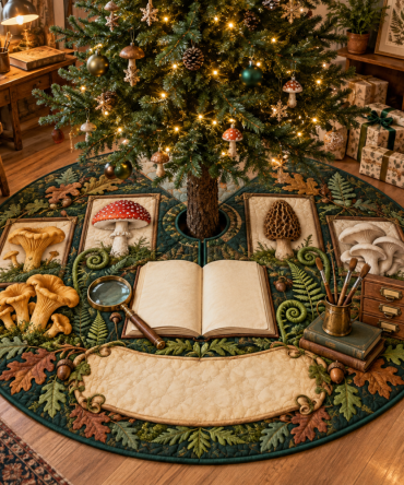 Mushroom Naturalist Studio Tree Skirt - Botanical Holiday Décor For Nature Lovers, Quilted & Durable For Seasonal Use
