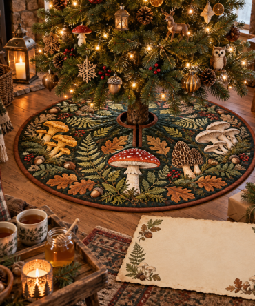 Mushroom Journal Host Gift Tree Skirt - Charming Mycology-Themed Holiday Skirt, Gift-Ready & Quilted For Decorative Flair