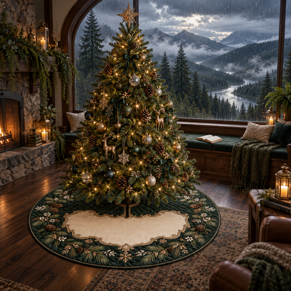 Rainy Forest Living Room Christmas Tree Skirt - Elegant Nature-Themed Holiday Décor, Quilted Comfort & Long-Lasting