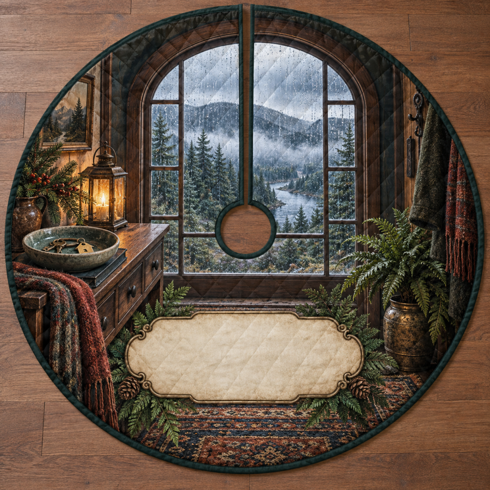 Rainy Forest Welcome Home Christmas Tree Skirt - Warm Scenic Holiday Décor, Quilted Comfort & Easy Care