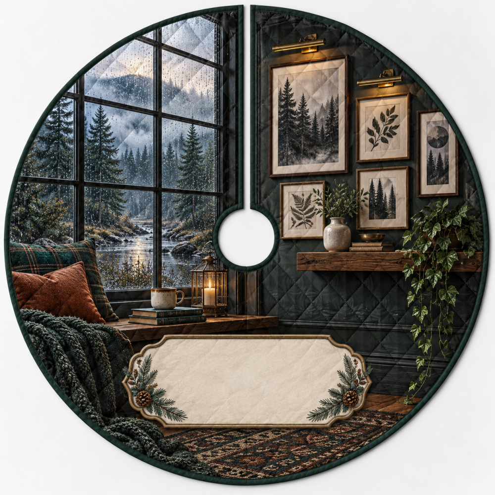 Rainy Forest Gallery Wall Holiday Tree Skirt - Artistic Nature-Inspired Christmas Décor, Premium Quilted Finish